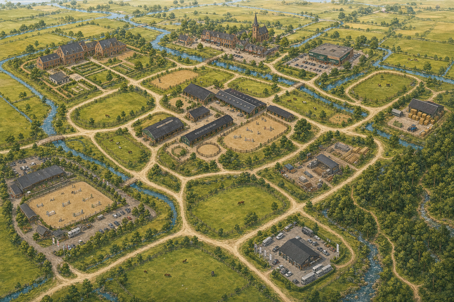 Uitgebreide geïllustreerde kaart van Waterland met De Hoefslag, school, sport, winkels, leveranciers, paardenplekken en bos